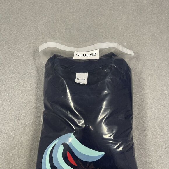 Seattle Kraken Sweatshirt Mens Medium Deep See Blue Hanes Crewneck Front S Logo - Picture 10 of 10